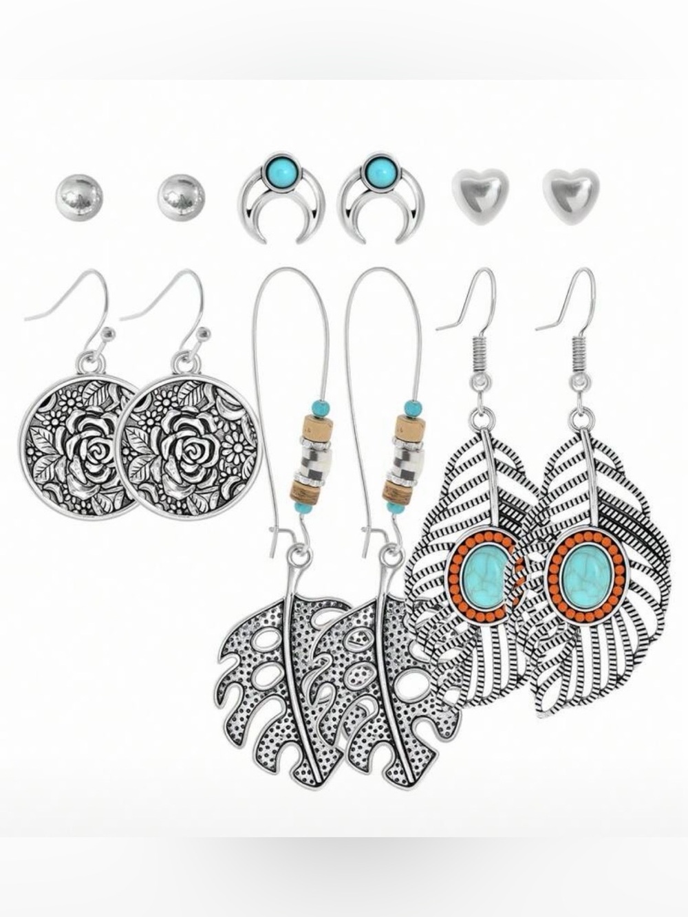 Women's Silver & faux Turquoise Mixed Earring Set - 6 Pair Pack